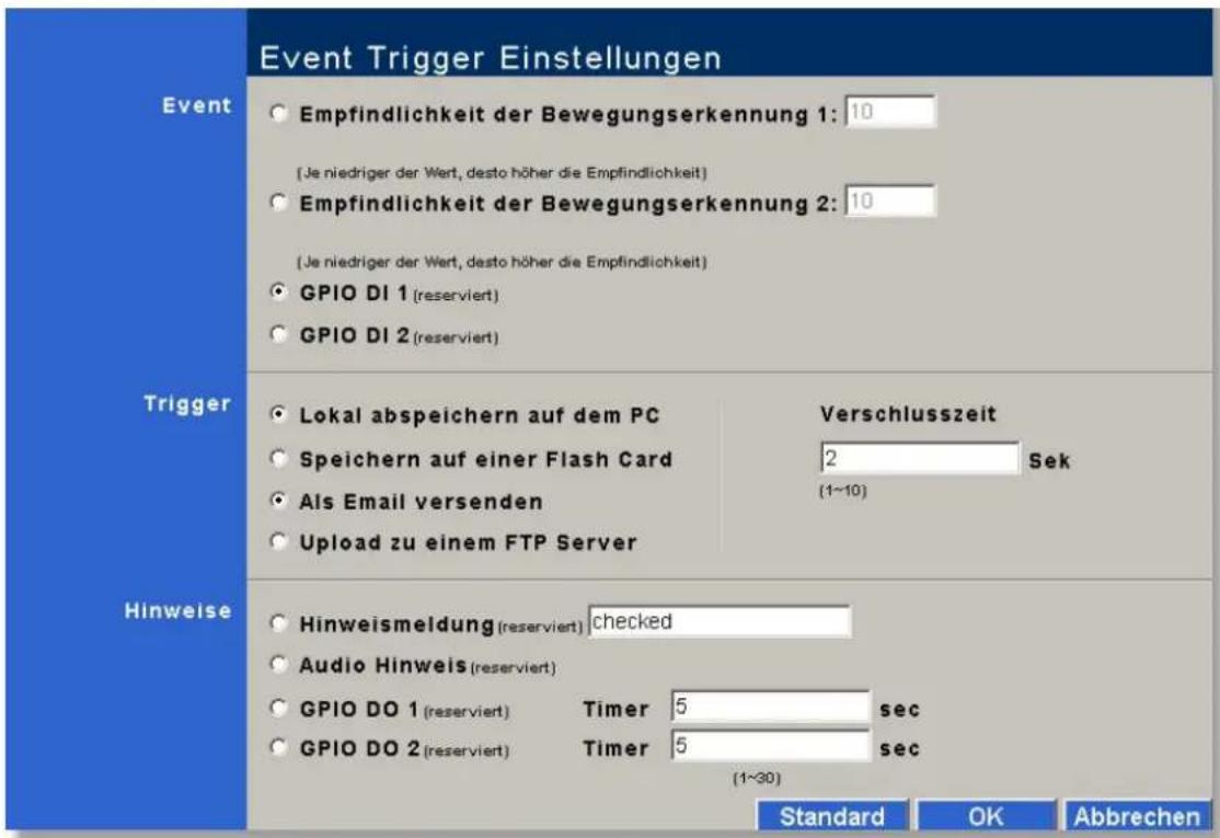 Event Trigger Einstellungen Event Empfindlichkeit der Bewegungserkennung 1: 10 (Je niedriger der Wert, desto höher die Empfindlichkeit) Empfindlichkeit der Bewegungserkennung 2: 10 (Je niedriger der Wert, desto höher die Empfindlichkeit) GPIO DI 1 (reserviert) GPIO DI 2 (reserviert) Trigger Lokal abspeichern auf dem PC Speichern auf einer Flash Card Als Email versenden Upload zu einem FTP Server Verschlusszeit 2 Sek (1~10) Hinweise Hinweismeldung (reserviert) checked Audio Hinweis (reserviert) GPIO DO 1 (reserviert) Timer 5 sec GPIO DO 2 (reserviert) Timer 5 sec (1~30) Standard OK Abbrechen