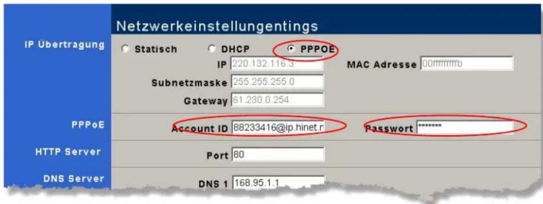 Netzwerkeinstellungentings IP Übertragung Statisch DHCP PPPOE IP 220.132.116.3 MAC Adresse 00mmmmmb Subnetzmaske 255.255.255.0 Gateway 61.230.0.254 PPPoE Account ID 88233416@ip.hinet.r Password ***** HTTP Server Port 80 DNS Server DNS 1 168.95.1.1