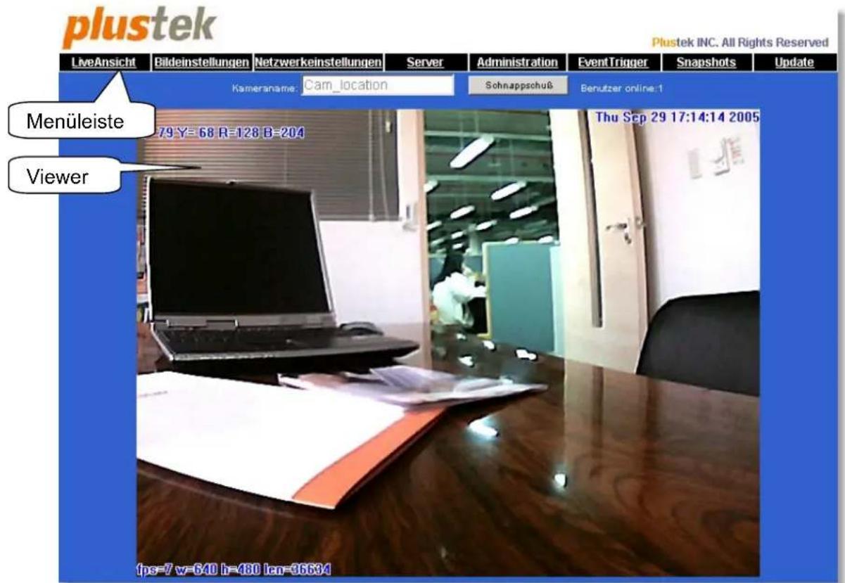 plustek LiveAnsicht Bildeinstellungen Netzwerkeinstellungen Server Administration EventTrigger Snapshots Update Kameraname Cam_location Sohnappschuß Benutzer online:1 Menüleiste 79 Y= 68 R=128 B=204 Thu Sep 29 17:14:14 2005 Viewer fps=7 w=640 h=480 len=96634