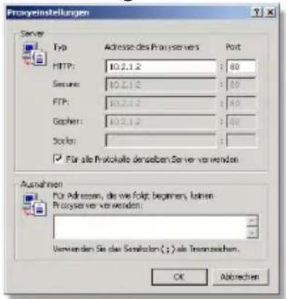 Procyestellungen Server Type Adresse des Procyservers Port HTTP: 10.2.1.2 80 Secure: 10.2.1.2 80 FTP: 10.2.1.2 80 Gopher: 10.2.1.2 80 Stock: Für als Protokolle derselben Server verwenden Ausnahmen For Adressen, die wie folgt begemten, keinen Procyserver verwenden: Verwenden Sie das Serikolon (:) als Treunzeichen. OK Abtrechen