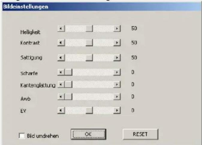 Bildeinstellungen Helligkeit 50 Kontrast 50 Sattigung 50 Scharfe 0 Kantenglattung 0 Awb 0 EY 0 Bid umdrehen OK RESET