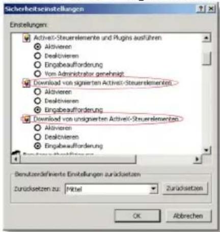 Sicherheitseinstellungen Einstellungen: Activel-Steuerlemente und Plugins ausführen Aktivieren Deaktivieren Eingabeauforderung Vom Administrator genehigt Download von signierten Activel-Steuerlementen Aktivieren Deaktivieren Eingabeauforderung Download von unsignierten Activel-Steuerlementen Aktivieren Deaktivieren Eingabeauforderung Benutzerdefinierte Einstellungen zurücksetzen Zurücksetzen zu: Mittel Zurücksetzen OK Abbrechen