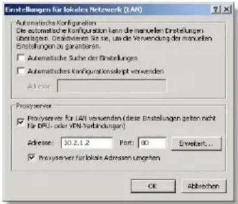 Einstellungen für lokale Netwerk (LAN) Automatische Konfiguration Die automatische Konfiguration kann die manuellen Einstellungen überlagen. Deabaren Sie sie, um die Verwendung der manuellen Einstellungen zu garanderen. □ Automatische Suche der Einstellungen □ Automatisches Konfigurationskapital verwenden Adresse: Proxyserver □ Proxyserver für LAN verwenden (diese Einstellungen gelten nicht für DFL- oder VPN-Verbindungen) Adresse: 10.2.1.2 Port: 80 Erwekeh... □ Proxyserver für lokale Adressen umgehen OK Abbreven