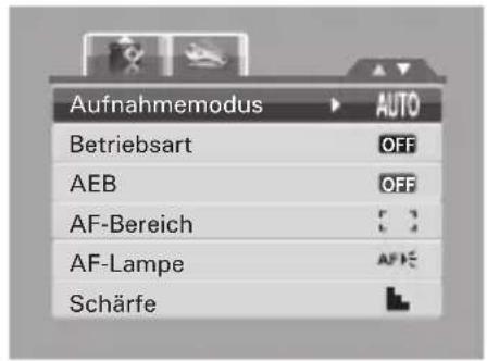 Aufnahmemodus AUTO Betriebsart OFF AEB OFF AF-Bereich [ ] AF-Lampe AFK Schärfe