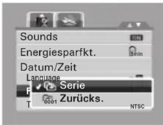 Sounds Energiesparfkt. Datum/Zeit Language F Serie T Zurücks. 0001 NTSC