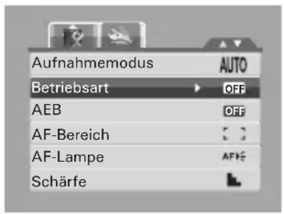 Aufnahmemodus Betriebsart AEB AF-Bereich AF-Lampe Schärfe AUTO OFF OFF AFFS