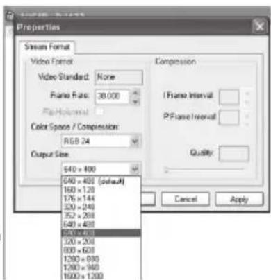Properties Stream Format Video Format Video Standard: None Frame Rate: 30.000 Flash Rate: Color Space / Compression RGB 24 Output Size: 540 x 400 540 x 400 (default) 160 x 120 176 x 144 320 x 240 352 x 288 540 x 400 540 x 400 520 x 288 800 x 600 1280 x 980 1280 x 960 1600 x 1200 Compression I Frame Interval: P/Frame Interval: Quality: Cancel Apply