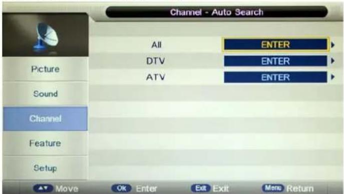 Channel - Auto Search All ENTER DTV ENTER ATV ENTER Picture Sound Channel Feature Setup Move Ok Enter Exit Exit Menu Return