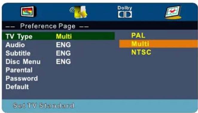 -- Preference Page -- TV Type Multi PAL Audio ENG Multi Subtitle ENG NTSC Disc Menu ENG Parental Password Default Set TV Standard