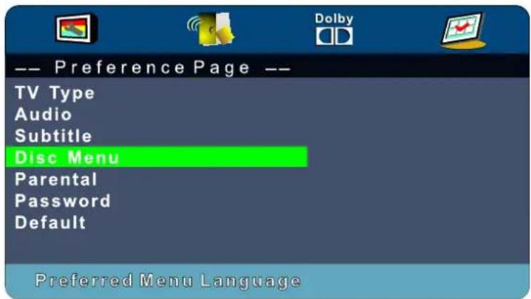 -- Preference Page -- TV Type Audio Subtitle Disc Menu Parental Password Default Preferred Menu Language