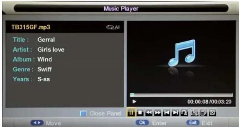 Music Player TB315GF.mp3 Title : Gerral Artist : Girls love Album : Wind Genre : Swiff Years : S-ss 00:00:08 /00:03:20 Close Panel Move Ok Enter Exit Exit