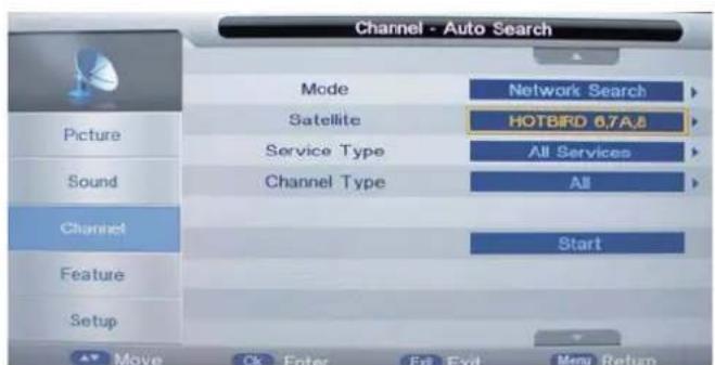 Channel - Auto Search Mode Network Search Satellite HOTBIRD 6.7A8 Service Type All Services Sound Channel Type All Channel Start Feature Setup Move Ck Enter Ext Ext Menu Return