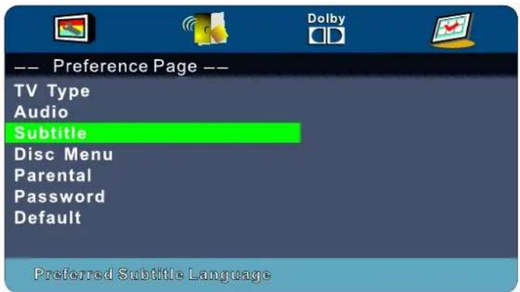 -- Preference Page -- TV Type Audio Subtitle Disc Menu Parental Password Default Preferred Subtitle Language