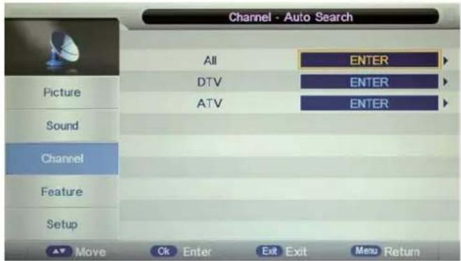 Channel - Auto Search All ENTER DTV ENTER ATV ENTER Picture Sound Channel Feature Setup Move Ck Enter Exit Exit Menu Return