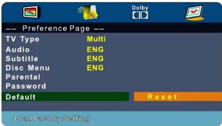 -- Preference Page -- TV Type Multi Audio ENG Subtitle ENG Disc Menu ENG Parental Password Default Reset Load Factory Setting