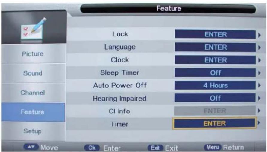 Feature Lock ENTER Language ENTER Clock ENTER Sound Sleep Timer Off Auto Power Off 4 Hours Hearing Impaired Off Feature CI Info ENTER Timer ENTER Setup Move Ok Enter Exit Exit Menu Return