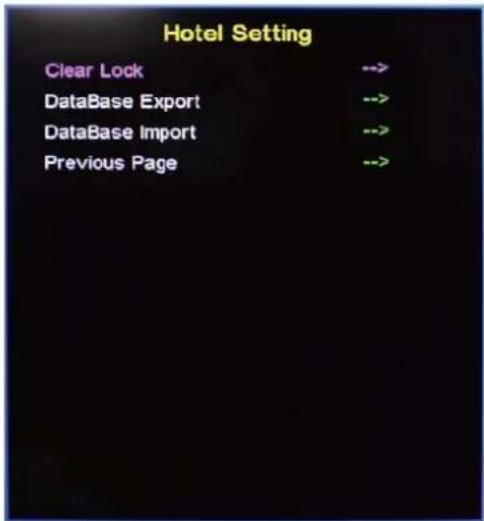 Hotel Setting Clear Lock --> DataBase Export --> DataBase Import --> Previous Page -->