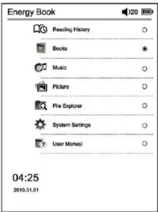 Energy Book Reading History Books Music Picture File Explorer System Settings User Manual 04:25 2010.01.01