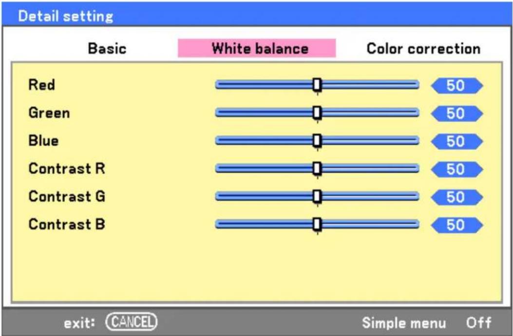 Detail setting Basic White balance Color correction Red 50 Green 50 Blue 50 Contrast R 50 Contrast G 50 Contrast B 50 exit: CANCEL Simple menu Off