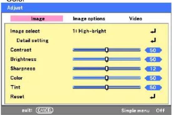 Adjust Image Image options Video Image select 1: High-bright Detail setting Contract 50 Brightness 50 Sharpness 12 Color 50 Tint 50 Reset exit: CANCEL Simple menu Off