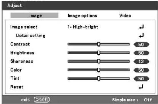Adjust Image Image options Video Image select 1: High-bright Detail setting Contract 50 Brightness 50 Sharpness 12 Color 50 Tint 50 Reset exit: CANCEL Simple menu Off