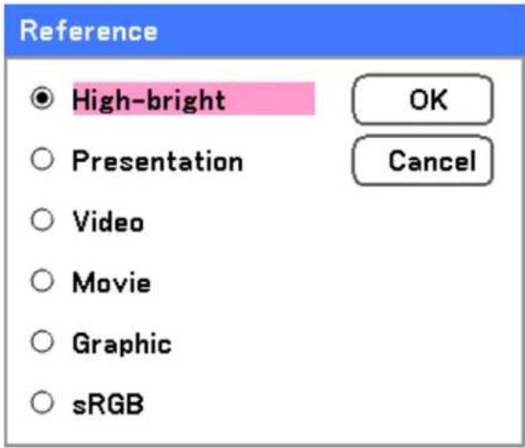 Reference ● High-bright ○ Presentation ○ Video ○ Movie ○ Graphic ○ sRGB OK Cancel
