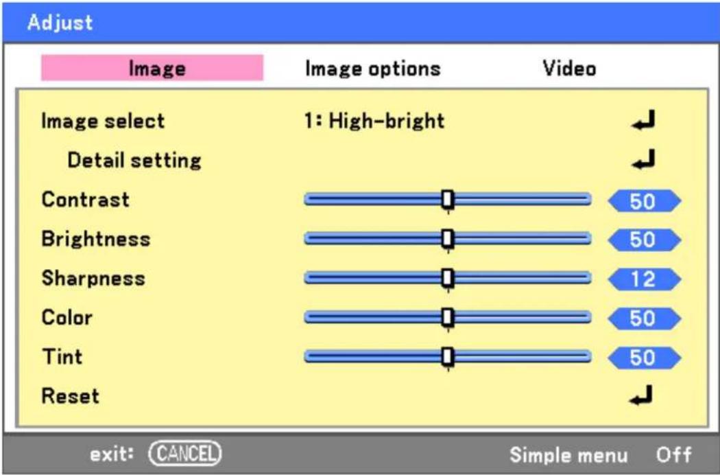 Adjust Image Image options Video Image select 1: High-bright Detail setting Contrast 50 Brightness 50 Sharpness 12 Color 50 Tint 50 Reset exit: CANCEL Simple menu Off