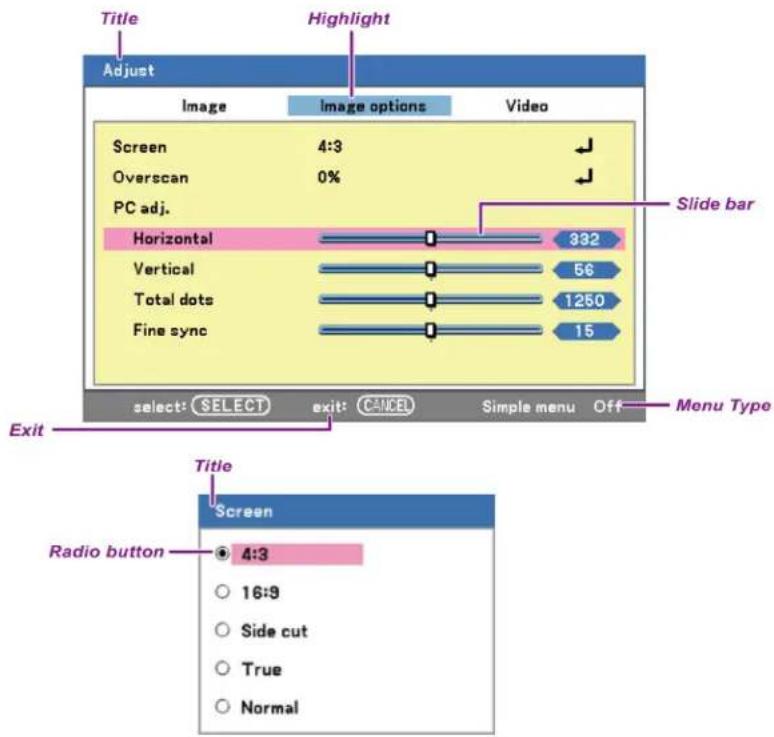 Title Highlight Adjust Image Image options Video Screen 4:3 Overscan 0% PC adj. Horizontal 332 Vertical 56 Total dots 1250 Fine sync 15 select: SELECT exit: CANCEL Simple menu Off Menu Type Exit Radio button 4:3 16:9 Side cut True Normal