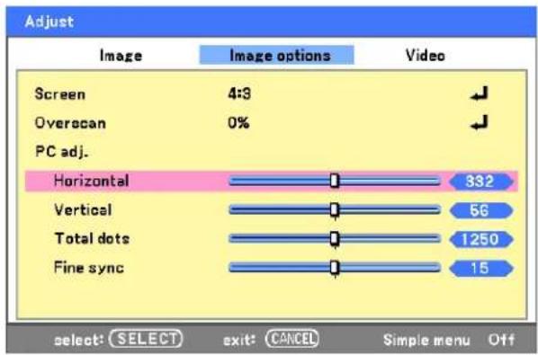 Adjust Image Image options Video Screen 4:3 Overscan 0% PC adj. Horizontal 332 Vertical 66 Total dots 1250 Fine sync 15 select: SELECT exit: CANCEL Simple menu Off