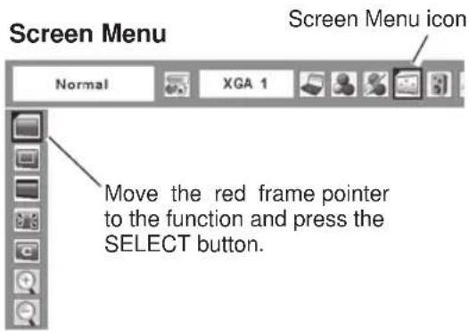 Screen Menu Normal XGA 1 Screen Menu icon Move the red frame pointer to the function and press the SELECT button.