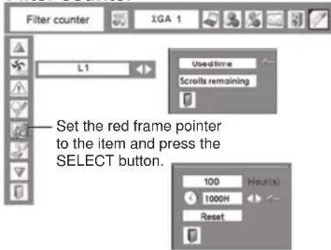 Filter counter XGA 1 L1 Used time Scrolls remaining Set the red frame pointer to the item and press the SELECT button. 100 Hour(s) 1000H Reset