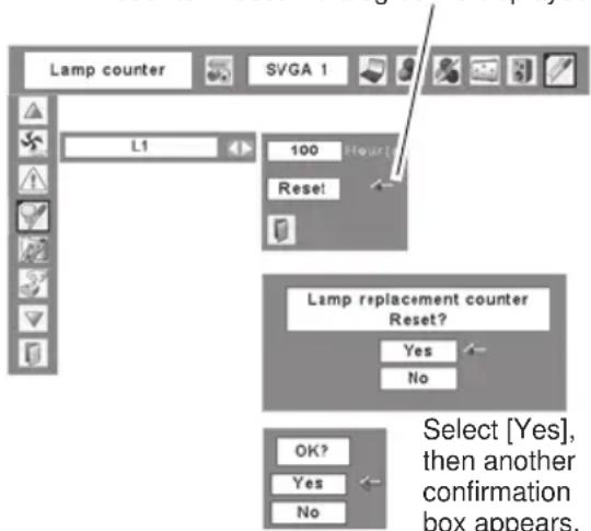 Lamp counter SVGA 1 L1 100 Hour Reset! Lamp replacement counter Reset? Yes No OK? Yes No Select [Yes], then another confirmation box appears.