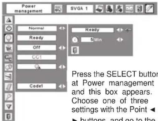 Power management Normal Ready Off CC1 Code1 Ready 6 Min Press the SELECT button at Power management and this box appears. Choose one of three settings with the Point ◀ ▶ buttons, and go to the