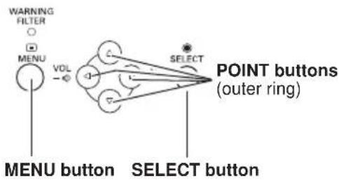 WARNING FILTER MENU VOL SELECT POINT buttons (outer ring) MENU button SELECT button