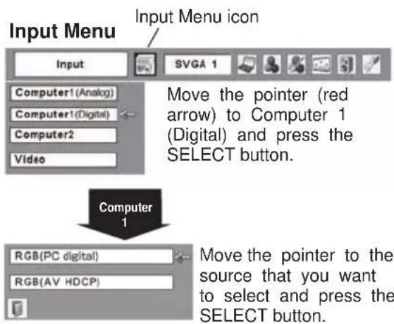 Input Menu Input Input Menu icon Input SVGA 1 Computer1 (Analog) Computer1 (Digital) Computer2 Video Move the pointer (red arrow) to Computer 1 (Digital) and press the SELECT button. Computer 1 RGB(PC digital) RGB(AV HDCP) Move the pointer to the source that you want to select and press the SELECT button.