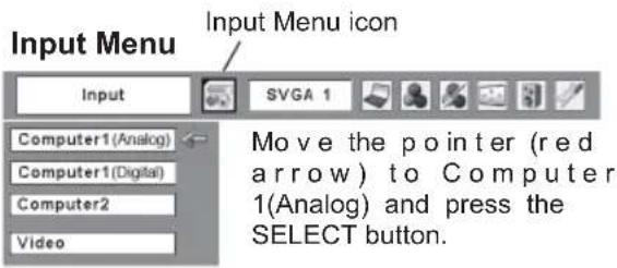 Input Menu Input Menu icon Input SVGA 1 Computer1(Analog) Computer1(Digital) Computer2 Video Move the pointer (red arrow) to Computer 1(Analog) and press the SELECT button.