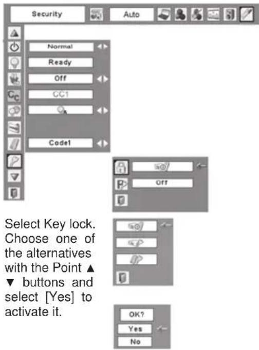 Security Auto Normal Ready Off CC1 Code1 Select Key lock. Choose one of the alternatives with the Point ▲ ▼ buttons and select [Yes] to activate it.
