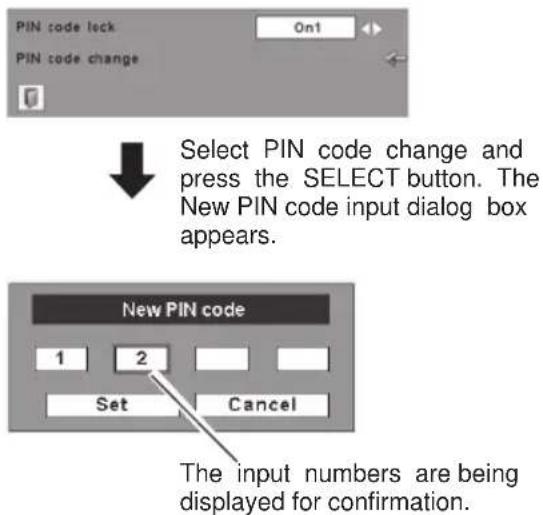 PIN code lock On1 PIN code change Select PIN code change and press the SELECT button. The New PIN code input dialog box appears. New PIN code 1 2 Set Cancel The input numbers are being displayed for confirmation.