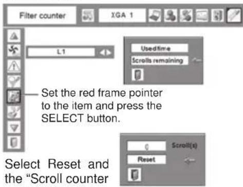 Filter counter XGA 1 L1 Used time Scrolls remaining Set the red frame pointer to the item and press the SELECT button. 0 Scroll(x) Reset Select Reset and the "Scroll counter