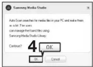 Samsung Media Studio Auto Scan searches for media files in your PC and make them an a list. The users can manage the found files using SamsungMediaStudio Library Continue? OK OK Cancel