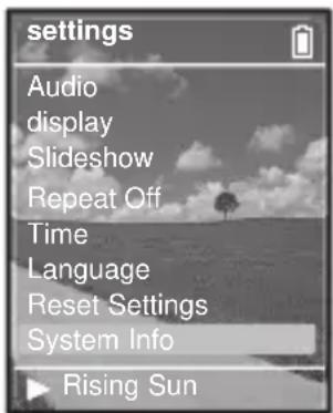 settings Audio display Slideshow Repeat Off Time Language Reset Settings System Info Rising Sun