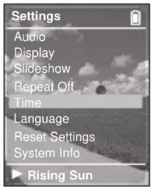 Settings Audio Display Slideshow Repeat Off Time Language Reset Settings System Info Rising Sun