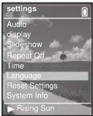 settings Audio display Slideshow Repeat Off Time Language Reset Settings System Info Rising Sun