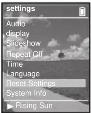 settings Audio display Slideshow Repeat Off Time Language Reset Settings System Info Rising Sun