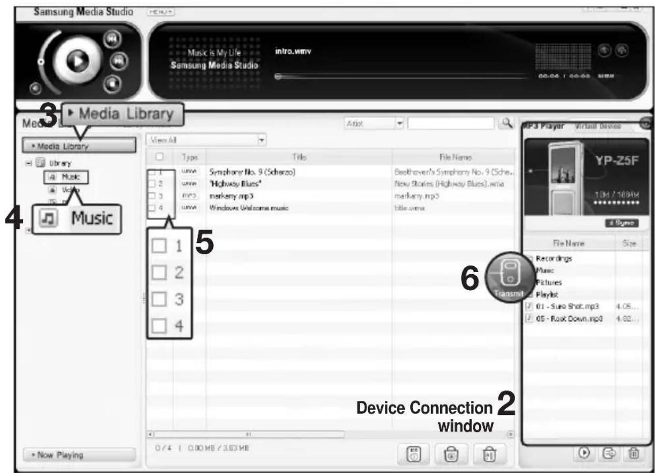 Samsung Media Studio Music is My Life Samsung Media Studio intro.wmv 00:02 1 00:00 MB Media Library Media Library View All Type Title File Name Symphony No. 9 (Scherzo) Highway Blues* markeny.mp3 Windows Welcome music Beethoven's Symphony No. 9 (Scherzo) New Stories (Highway Blues),wmv markeny.mp3 title.cmvx 1 2 3 4 5 6 Transmit YP-Z5F 1.0M / 180MHz Signe File Name Size Recordings Music Pictures Playlist 01 - Sure Shot.mp3 4.05... 05 - Root Down.mp3 4.02... Device Connection window Now Playing 0/4 | 0.00 MB / 3.63 MB