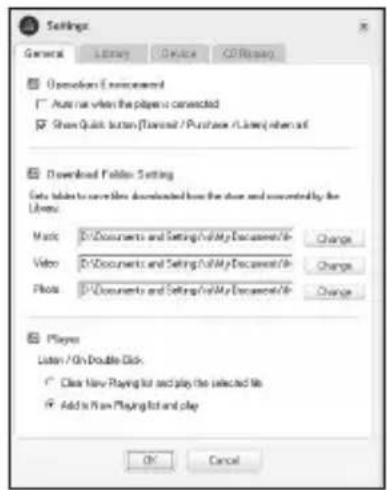 Settings General Library Device CD Running Operation Environment Auto not when the player is connected Show Quick button (Download / Purchase / Library) when off Downloaded Fieldset Setting Get tables to save files downloaded from the door and accounted by the Library. Mark: D:\Documents and Setting\My Documents/\nVideo: D:\Documents and Setting\My Documents/\nPhoto: D:\Documents and Setting\My Documents/\nPlayers Listen / On Double Click: Clear New Playing list and play the selected file Add to New Playing list and play OK Cancel
