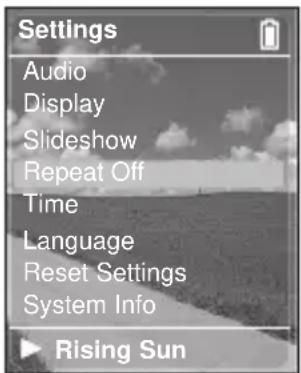 Settings Audio Display Slideshow Repeat Off Time Language Reset Settings System Info Rising Sun