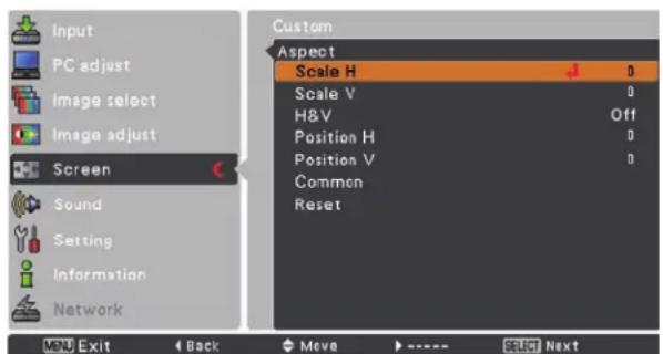 Input PC adjust Image select Image adjust Screen Sound Setting Information Network Menu Exit Back Move ---- SELECT Next Custom Aspect Scale H 0 Scale V 0 H&V Off Position H 0 Position V 0 Common Reset