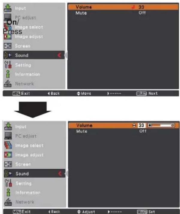 Input PC adjust Image select Image adjust Screen Sound Setting Information Network Volume 33 Mute Off Add Exit Back Move SELECT Next Input PC adjust Image select Image adjust Screen Sound Setting Information Network Volume 33 Mute Off Add Exit Back Adjust Select Set