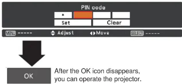 PIN code Set Clear MENU ---- Adjust Move SELECT ---- OK After the OK icon disappears, you can operate the projector.